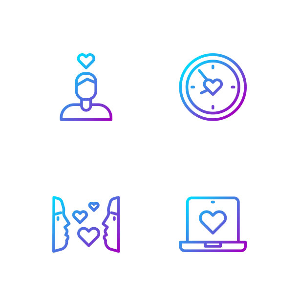 约会app，一见钟情，情侣爱情，用心计时。渐变颜色图标。向量图片下载