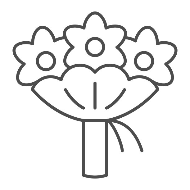 花束细线图标，8月概念，鲜花祝贺卡在白色背景上签名，花束图标在轮廓风格为移动概念和网页设计。矢量图形。图片下载