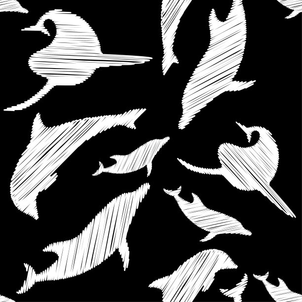 装饰刺绣的海豚在海中畅游。图片下载