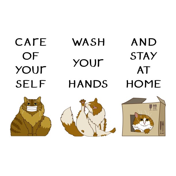 有趣的猫和健康的建议。矢量插图。引号。照顾自己。洗你的手。待在家里。卡通风格。文本和图片。与动物、家庭宠物的欢快画面。图片下载