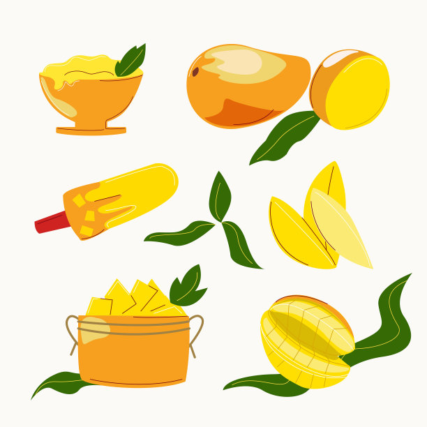 芒果水果，有整块的，有切片的，也有冰淇淋和甜点的。图片下载