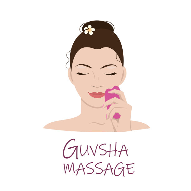 一个女孩的脸，手里拿着工具在做水粉按摩。女孩拿着刮刀，用刮刀刮在脸上正确的地方。用于网站和印刷版面的设计元素。EPS10。图片下载