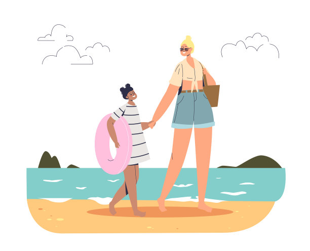 妈妈和女儿抱着沙滩女孩图片下载