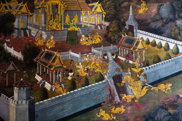 泰国曼谷玉佛寺罗摩金寺的古代壁画图片下载