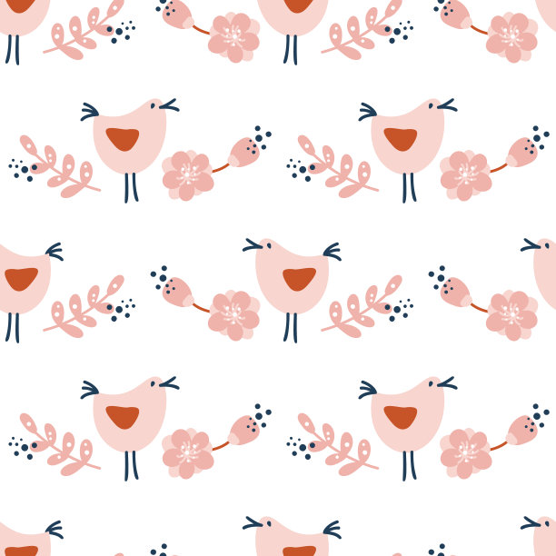 天衣无缝的花鸟夏天。手绘向量斯堪的纳维亚插图。为婴儿纺织，壁纸弹簧，网，织物和装饰设计图片下载