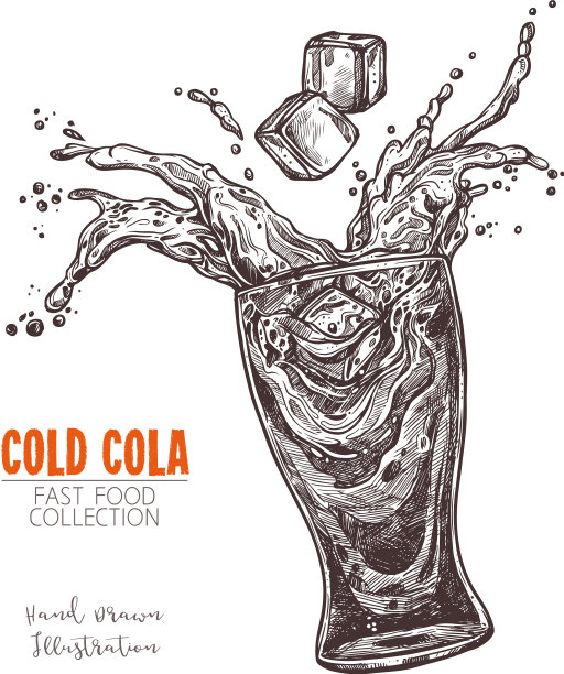 杯子上溅满可乐和冰块，手绘图片下载