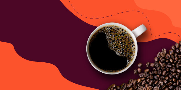 紫色和橙色背景上的热咖啡和豆子。创建问候，卡片，杂志，封面，海报和横幅等文本空间的模型和模板。前视图。平躺图片下载