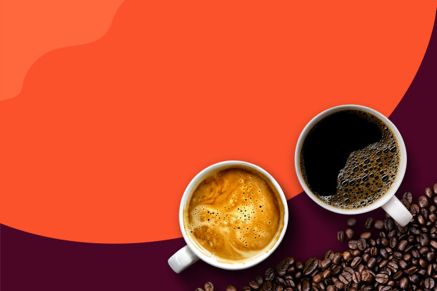 紫色和橙色背景上的热咖啡和豆子。创建问候，卡片，杂志，封面，海报和横幅等文本空间的模型和模板。前视图。平躺图片下载
