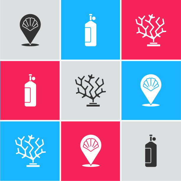 设置扇贝、海贝壳、水产和珊瑚图标图片下载