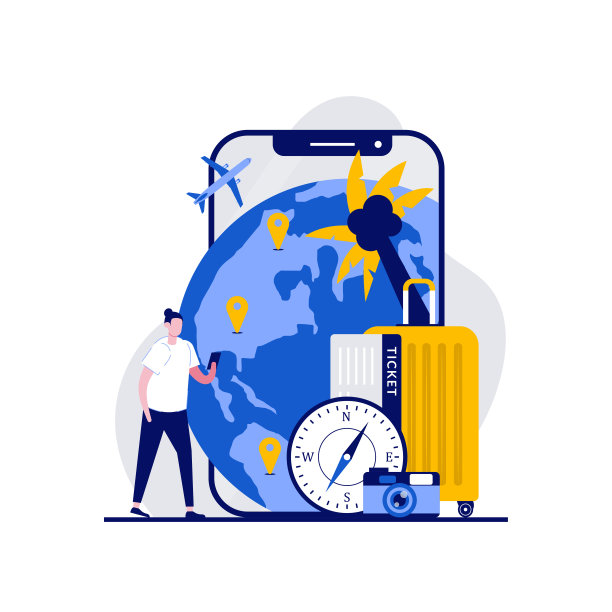 移动导航，GPS概念与个性。人们站在智能手机旁边，手机上有导航应用程序、路线图、别针、旅行箱、指南针。现代平面风格的登陆页，英雄形象。图片下载
