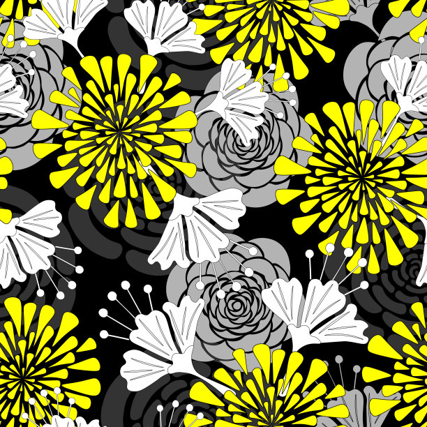 无缝花卉图案，向量。在黑色背景上手绘花朵。图片下载