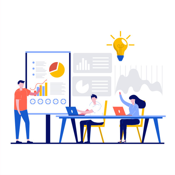 培训，商学院的理念与品格。演讲教练指导讲师站在白板旁，用图表教育一群商务人士。现代平面风格的着陆页。图片下载