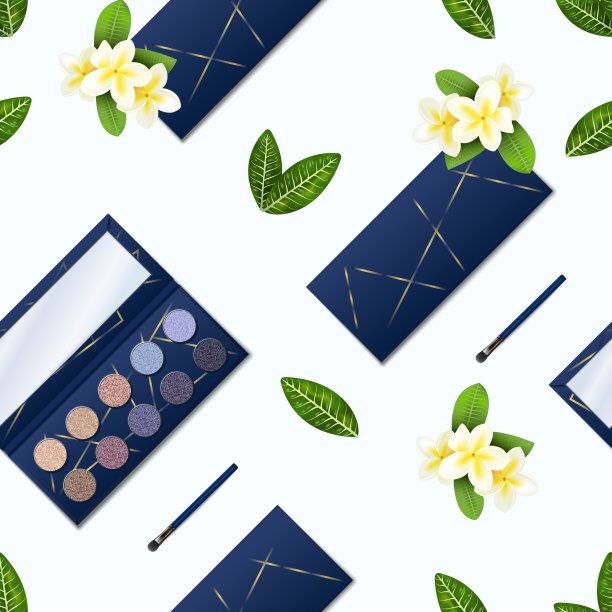 眼影的模式。逼真的无缝纹理的化妆调色板与闪光的阴影。打开或关闭化妆品盒干燥紧凑的彩色颜料。向量的叶子和白色的花图片下载