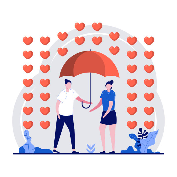 情人节快乐的节日概念与微小的字符和心形的爱情象征。恩爱夫妻撑伞下热雨，爱情情感平面矢量插画。图片下载