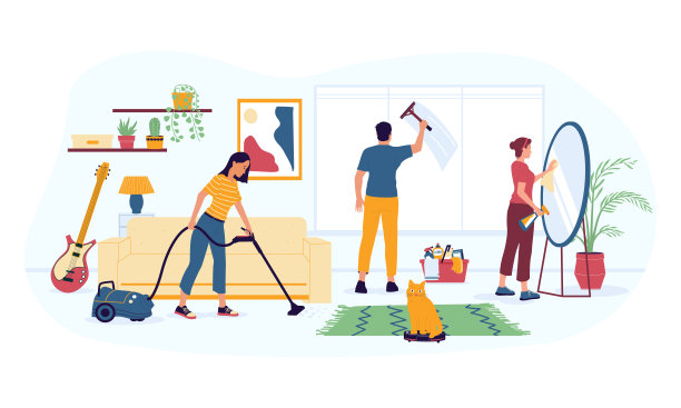 打扫屋子。家政工作。在家用吸尘器吸地毯的女人。男人洗窗户。女孩抛光镜面。人们用清洁剂和设备做作业。向量女保洁员占领图片下载
