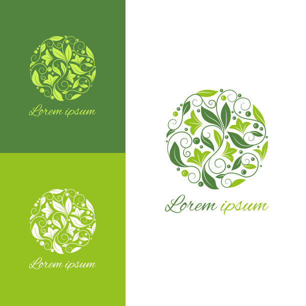 绿色会徽，叶子呈圆形。可用于珠宝、美容、时尚等行业。伟大的标志，字母组合，邀请，传单，菜单，背景，或任何想要的想法。图片下载