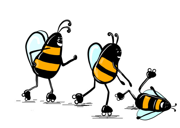 蜜蜂滑旱冰。有趣又疯狂的昆虫。休闲的概念和自由时间从一个距离观察。图片下载