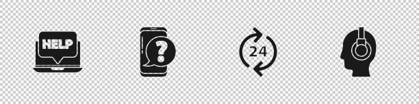 设置笔记本电脑和帮助，移动电话与问题，电话24小时支持和支持运营商在触摸图标。向量图片下载