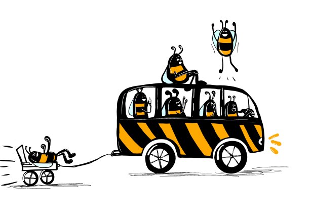 有趣快乐的蜜蜂和他们快乐的同伴在公共汽车上旅行。疯狂的昆虫。图片下载