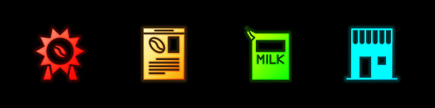 Set Medal for coffee, Newspaper and, Paper package milk and coffee shop图标。向量图片下载