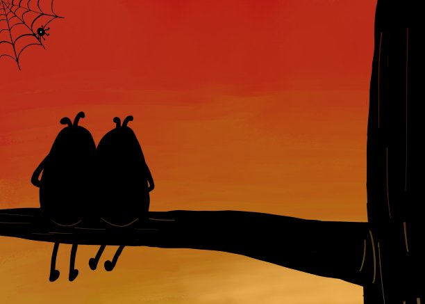 手绘图像。两只有趣的蜜蜂或甲虫坐在树枝上欣赏夕阳。浪漫主义。图片下载