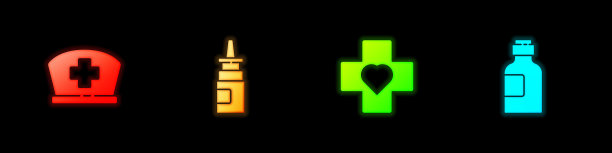 设置护士帽与十字，瓶鼻喷雾剂，心脏和药糖浆的图标。向量图片下载