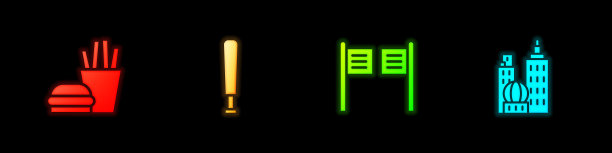 汉堡和炸薯条，棒球棒，沙龙门和城市景观图标。向量图片下载