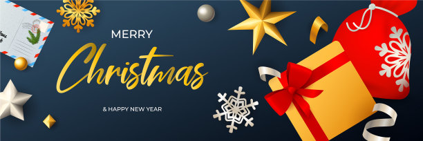 圣诞快乐横幅设计与圣诞老人袋和图片下载