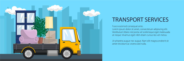 带着家具的旗帜卡车在路上图片下载