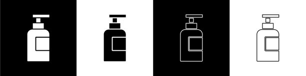 设置瓶子洗发水图标孤立在黑色和图片下载