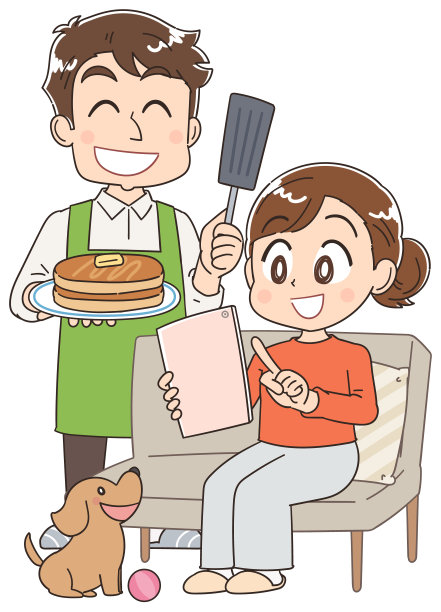 一对夫妇在家里消费。和狗。图片下载