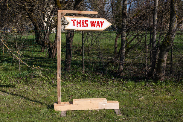 这种方式。木制方向箭头和标志在一个阳光明媚的日子图片下载