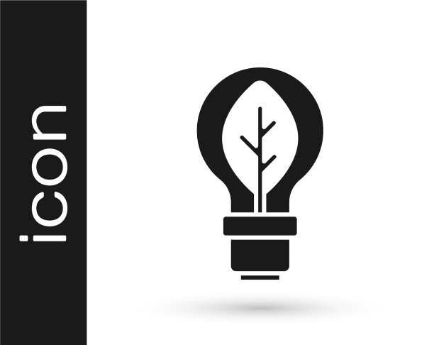 黑色灯泡，叶子图标孤立在白色上图片下载