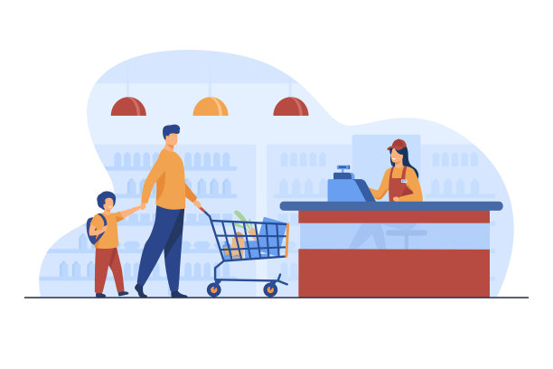 父亲和儿子在超市买食物图片下载