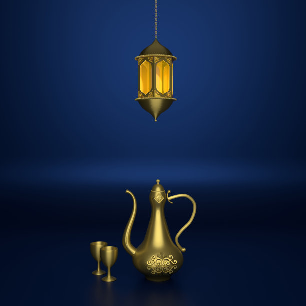 金色阿拉伯壶和灯笼图片下载