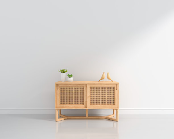 白色客厅的木质餐具柜，带有复制空间，3D渲染图片下载