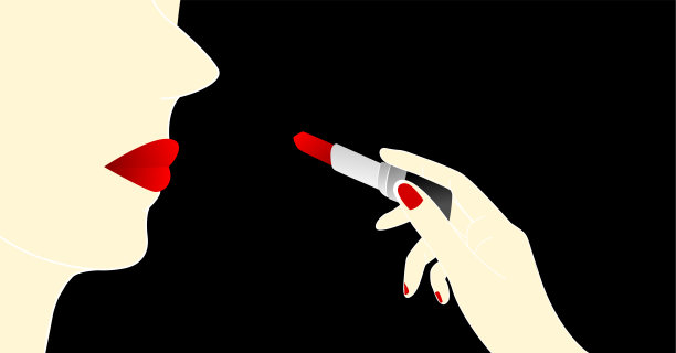 侧面的美丽女人的脸与红色的嘴唇和她的手拿红色的口红适用于嘴孤立的黑色背景与自由复制空间图片下载