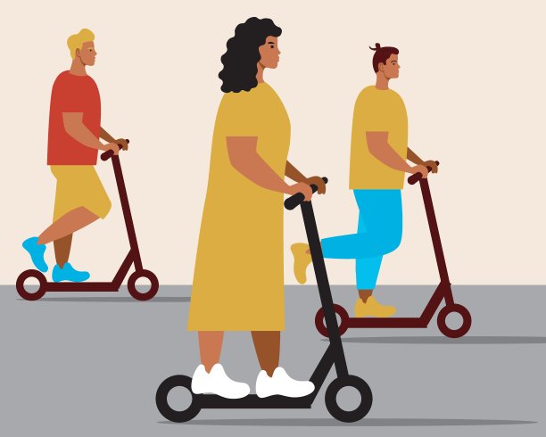 一群人在电动踏板车上，平面矢量股票插图与朋友骑在路上或年轻的男人和女人在电动踏板车图片下载