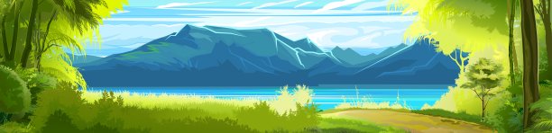 海中。河岸上长满了树木。路。平面插画风格。在地平线上有一个多岩石的海岸和山脉。卡通。向量图片下载
