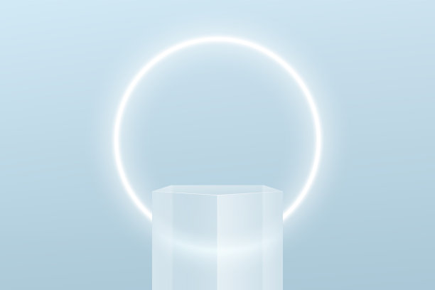 透明玻璃五角形基座裙台。明亮的蓝色小墙场景和发光的霓虹环形状。矢量渲染三维形状的产品显示演示。粉彩抽象室。图片下载