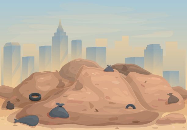 垃圾场背景上的城市全景图，矢量图图片下载