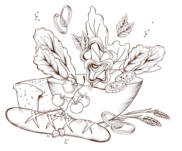 碗蔬菜沙拉和全麦面包，雕刻手绘矢量插图孤立。图片下载