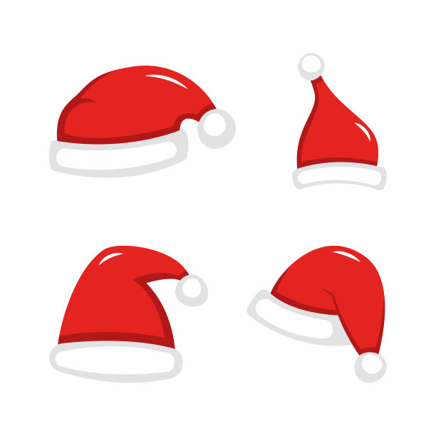 一套红色的圣诞老人帽子。红色新年头饰在一个扁平的风格孤立在白色的背景图片下载