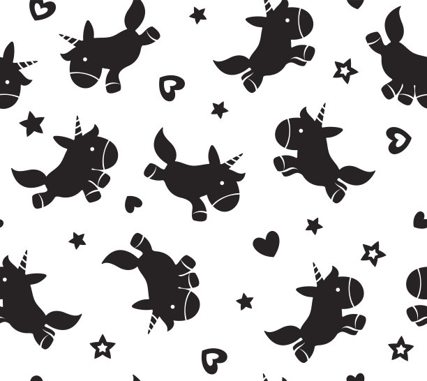 矢量可爱的卡通独角兽无缝图案，黑色剪影。图片下载