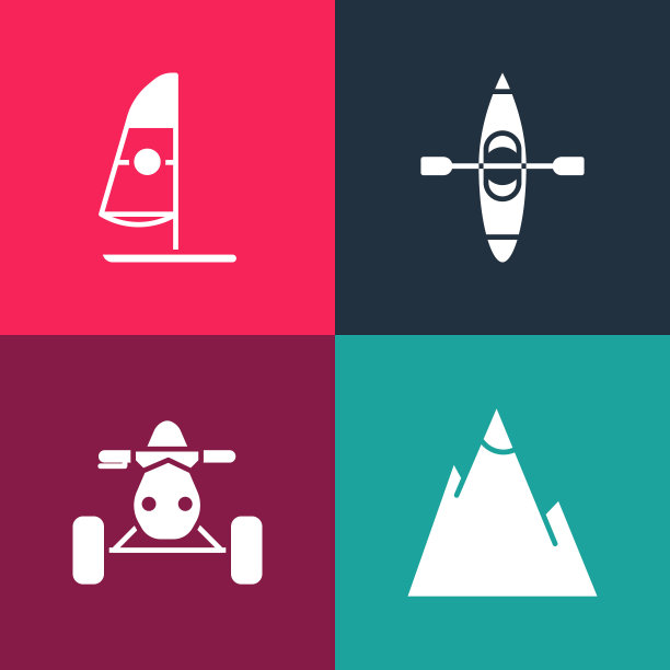 设置流行艺术山，ATV摩托车，皮划艇独木舟和风帆图标。向量图片下载