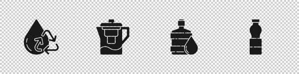 设置回收清洁水，带过滤器的水壶，大瓶装水和瓶子的图标。向量图片下载