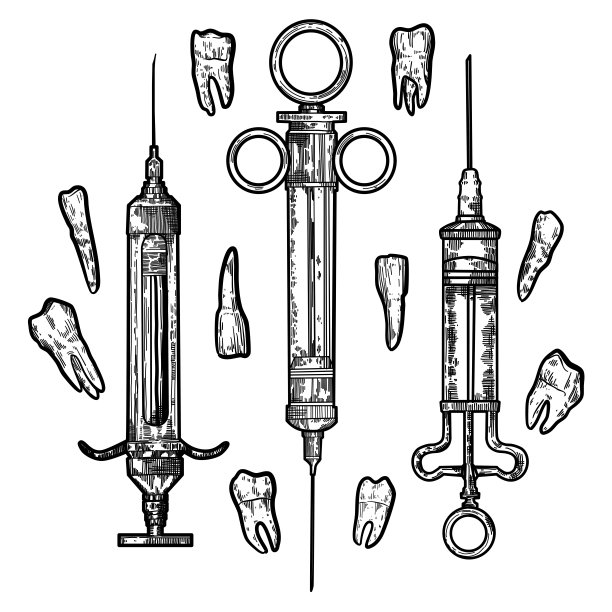 手画矢量复古注射器线艺术钢笔插图与牙齿。用于横幅，海报，印刷，卡片，传单，牙科，外科图片下载