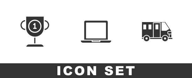 设置奖励杯，笔记本电脑和校车图标。向量图片下载