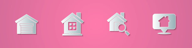 设置剪纸车库，房子，搜索房子和位置与图标。纸艺术风格。向量图片下载