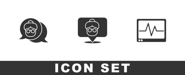 设置祖母，疗养院和监护仪与心电图图标。向量图片下载